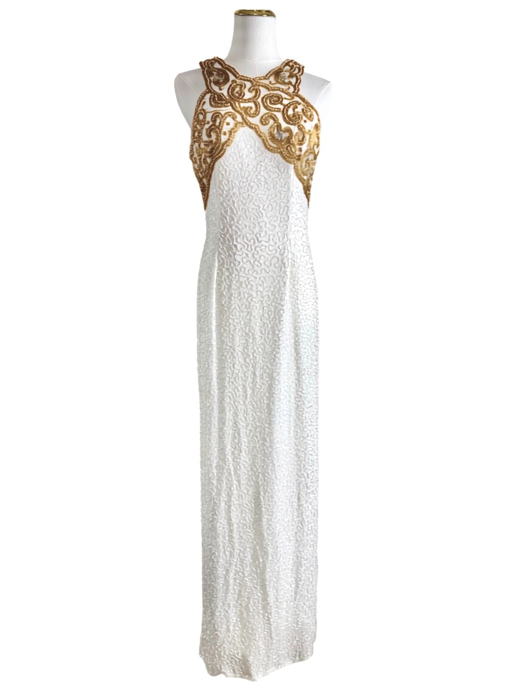 Laurence Kazar White Maxi Dress with Gold Embellished Bust